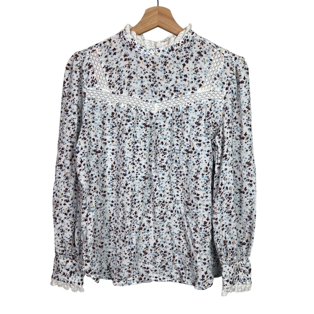 LOFT Womens Small Floral Lace Trim Mock Neck Metallic Thread Blouse Cottagecore